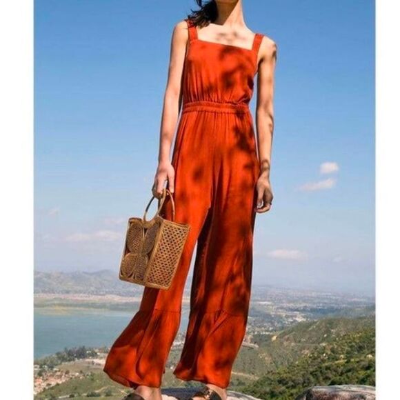 Free People Rust Selfie Worthy Endless Summer Ruffle Jumpsuit Size Small - Picture 1 of 7